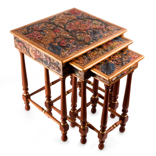 Colonial Wood Leather Side Table Set of 3 'Paradise'