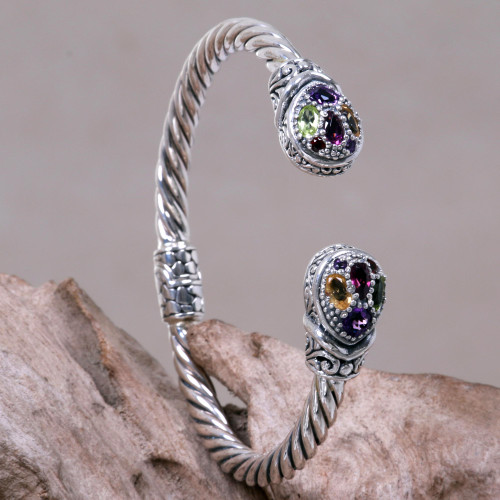 Indonesian Sterling Silver Cuff with Four Gemstones 'Sukawati Glamour'