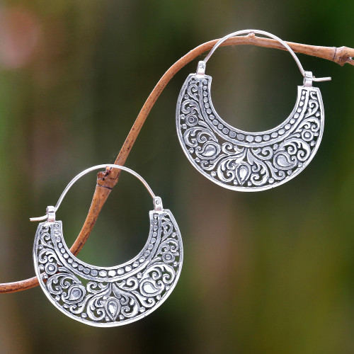 Ornately Detailed Sterling Silver 925 Hoop Earrings 'Garden of Eden'