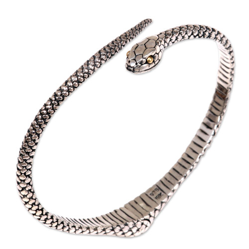 Realistic Sterling Silver Snake Bracelet with 18k Gold Eyes 'Earth Serpent'