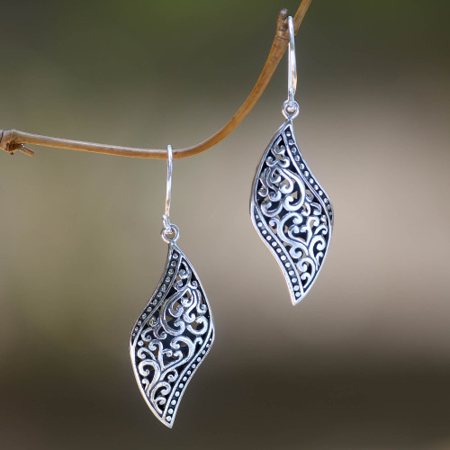 Ornate Leaf Theme Balinese Sterling Silver Artisan Earrings 'Voluptuous Leaf'