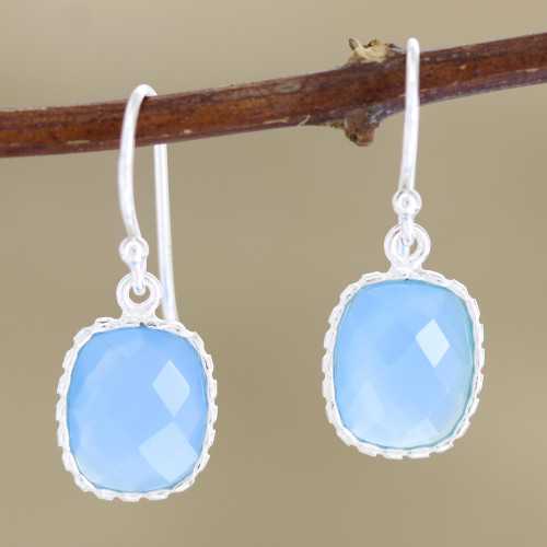 Blue Chalcedony Dangle Earrings in Polished 925 Silver 'Delhi Sky'