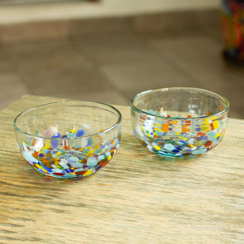 2 Artisan Crafted Colorful Mexican Hand Blown Bowls Set 'Confetti Festival'