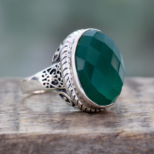 Green Onyx and Sterling Silver Ring from India 'Bold Charm'