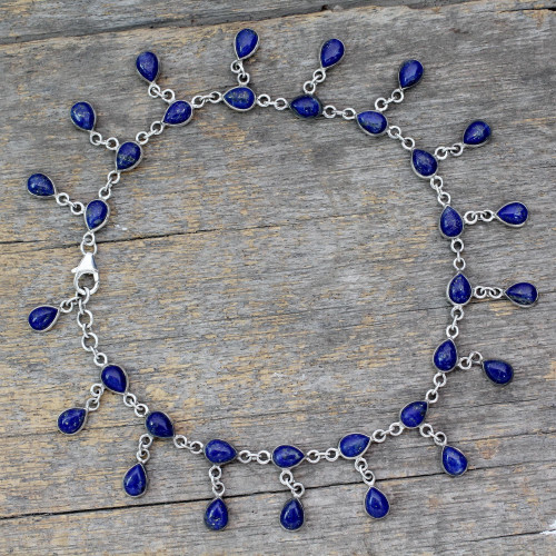 Lapis Lazuli and 925 Silver Anklet from Indian Artisan 'Royal Dewdrops'