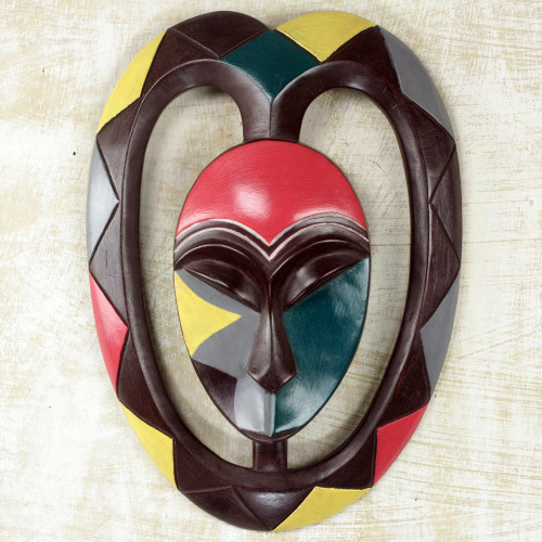 African Protective Wood Wall Mask Heart Shaped Kwele Art 'Kwele Mask II'