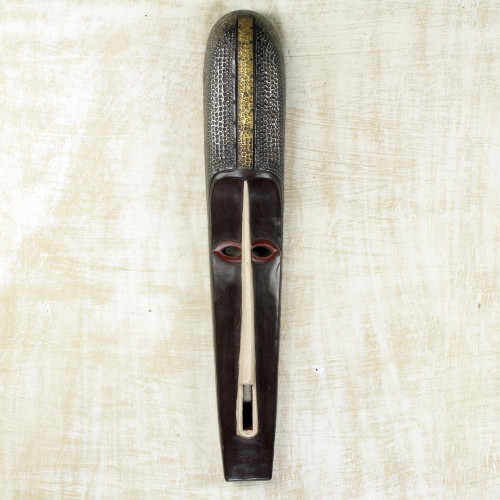 Dark Brown African Mask with Brass and Aluminum on Wood 'Enigmatic Gaze'