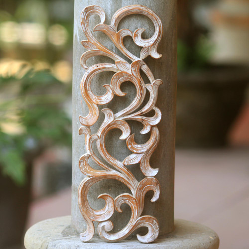 Hand Carved Wood Wall Panel with Fern Motif from Bali 'Gentle Fern'