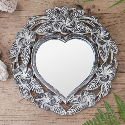 Suar Wood Hand Carved Heart Shaped Floral Wall Mirror 'Frangipani Heart'