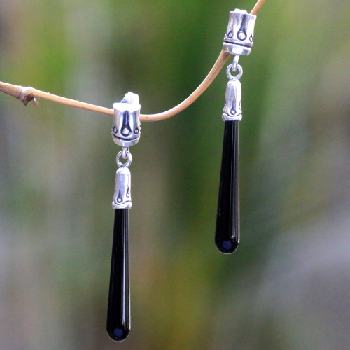 Artisan Crafted Onyx and Sterling Silver Dangle Earrings 'Black Wand'