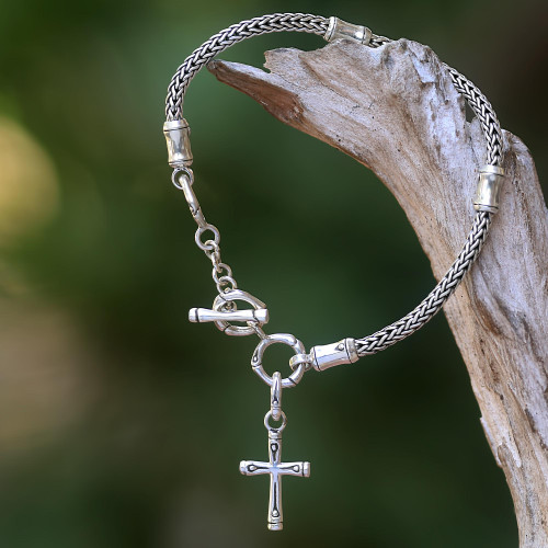 Hand Crafted Sterling Silver Cross Charm Bracelet from Bali 'Bamboo Spiritual'