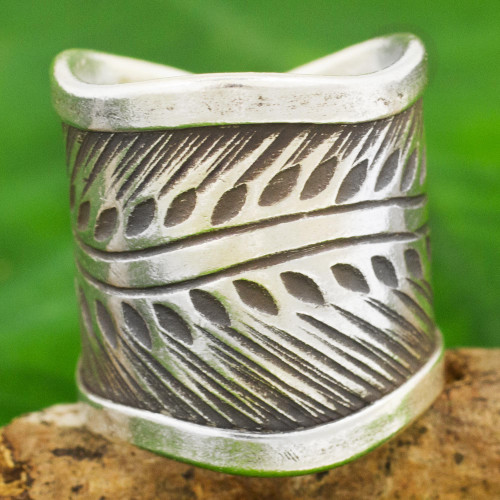 Karen Hill Tribe Handcrafted Leaf Theme Wide Silver Ring 'Karen Leaves'