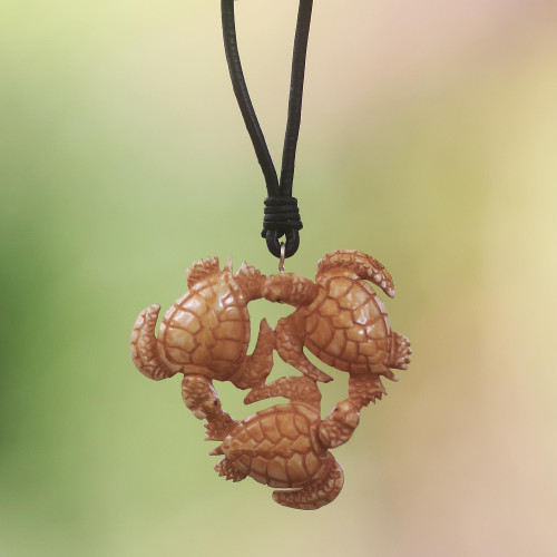 Hand Crafted Turtle Pendant on Leather Cord Necklace 'Happy Turtle'