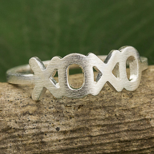 Thai Artisan Crafted Band Ring in Brushed Sterling Silver 'Hugs and Kisses'