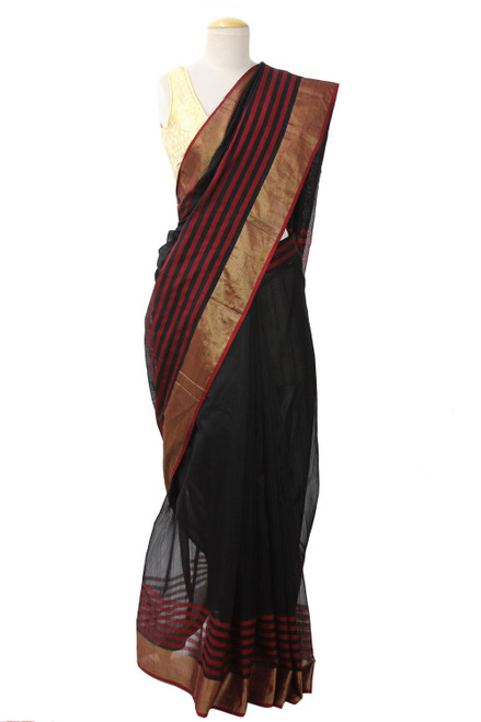 Handmade Red and Black Cotton and Silk Sari with Gold Border 'Midnight Goddess'