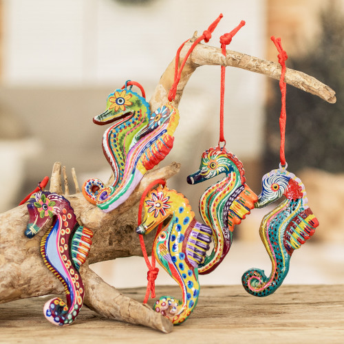 Set of 6 Ceramic Seahorse Ornaments Handmade in Guatemala 'Seahorse Squadron'