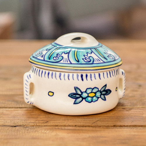 Artisan Crafted Floral Ceramic Soup Bowl with Lid 'Bermuda'