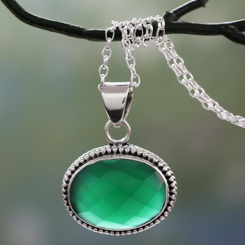 Lush Green Onyx Gem on Sterling Silver Necklace from India 'Green Transformation'