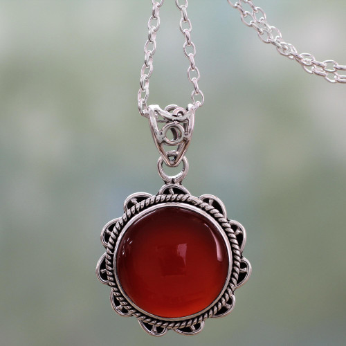 Indian Handcrafted Sterling Silver and Carnelian Necklace 'Burst of Passion'