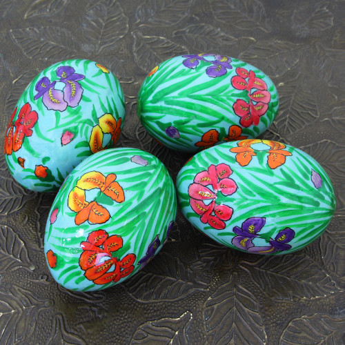 Handmade Papier Mache Eggs with Floral Motif Set of 4 'Bright Hues'
