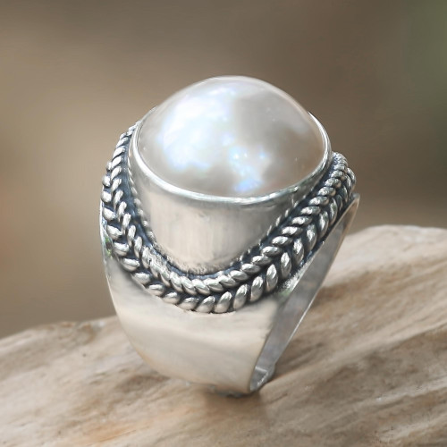 Balinese Cultured Pearl Sterling Silver Women's Ring 'Luminous Embrace'