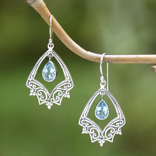 Balinese Silver Chandelier Hook Earrings with Blue Topaz 'Precious Hope'