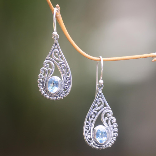 Artisan Crafted Blue Topaz and Sterling Silver Earrings 'Blue Tendrils'