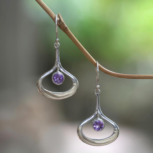 Modern Minimalist Silver Dangle Earrings with Amethyst 'Raindrops'