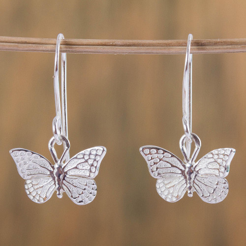 Fair Trade Taxco Silver Butterfly Dangle Earrings 'Perfect Monarch'
