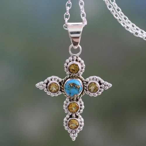 Artisan Crafted Citrine and Silver Cross Pendant Necklace 'Divine Harmony'