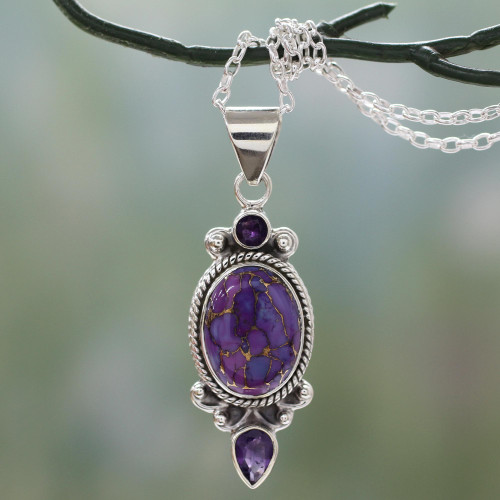 Purple Turquoise and Amethyst Pendant Necklace from India 'Resplendent in Purple'