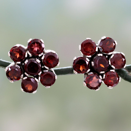 Artisan Crafted Floral Button Earrings with Garnet 'Romantic Blossom'