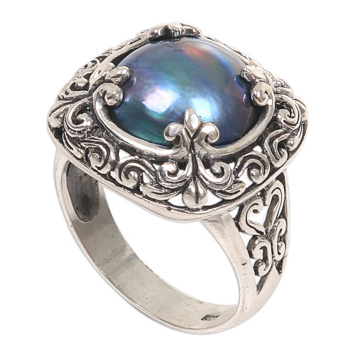 Mabe Pearl and Sterling Silver Floral Motif Cocktail Ring 'Blue Lunar'