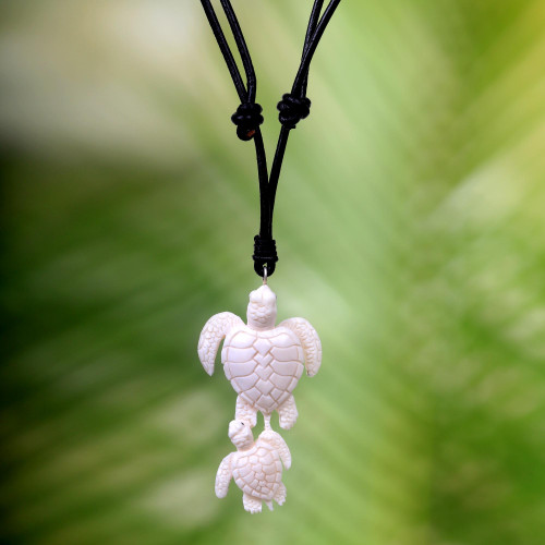 Handcrafted White Turtle Pendant and Leather Cord Necklace 'Swimming with Mother'