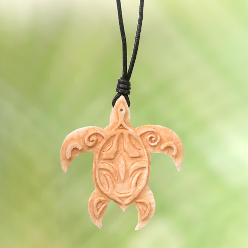 Turtle Bone Pendant Necklace with Leather Cord from Bali 'Gliding Turtle'