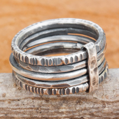 Hand Crafted Hill Tribe Dark Silver Five Linked Band Rings 'Dark Karen Quintet'