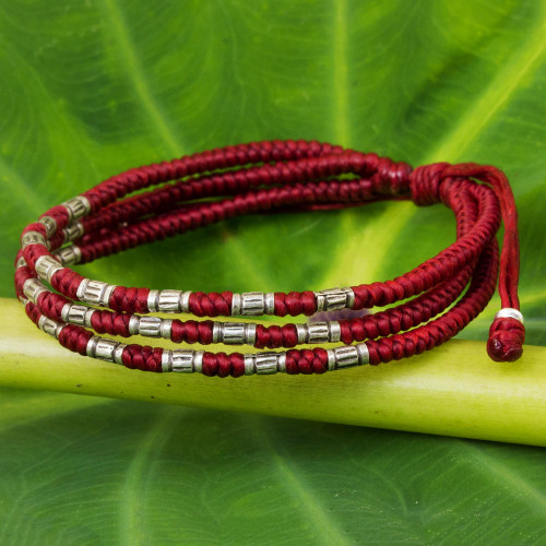 950 Silver Accent Wristband Braided Bracelet from Thailand 'Forest Thicket in Red'