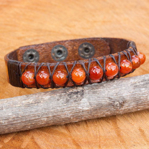 Hand Crafted Carnelian and Leather Band Bracelet 'Rock Walk in Orange'