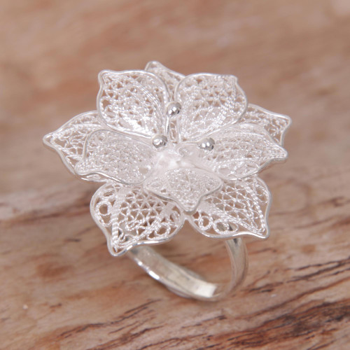 Hand Made Sterling Silver Hibiscus Flower Cocktail Ring Bali 'Sterling Tropics'