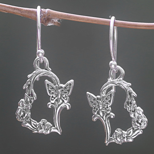 Sterling Silver Butterfly Dangle Earrings from Indonesia 'Butterfly Flutter'
