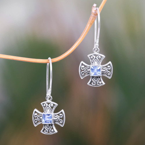 Balinese Handcrafted Silver and Blue Topaz Cross Earrings 'Cross Pattee'