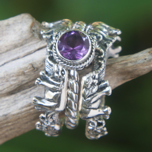 Amethyst and Silver Stacking Rings Set of 3 Indonesia 'Elephant Shrine'