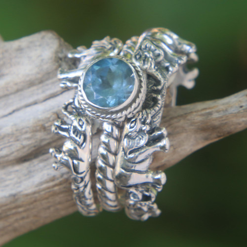 Blue Topaz and Silver Stacking Rings Set of 3 Indonesia 'Elephant Shrine'