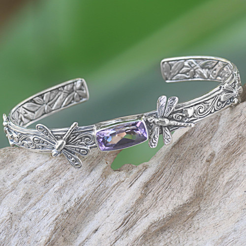 Handcrafted Sterling Silver and Amethyst Cuff Bracelet 'Amid the Dragonflies'