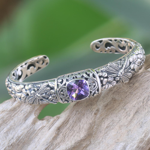 Amethyst and Sterling Silver Cuff Bracelet from Indonesia 'Sacred Garden in Purple'