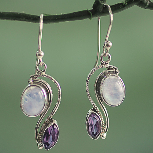 India Handcrafted Amethyst and Rainbow Moonstone Earrings 'Colorful Curves'