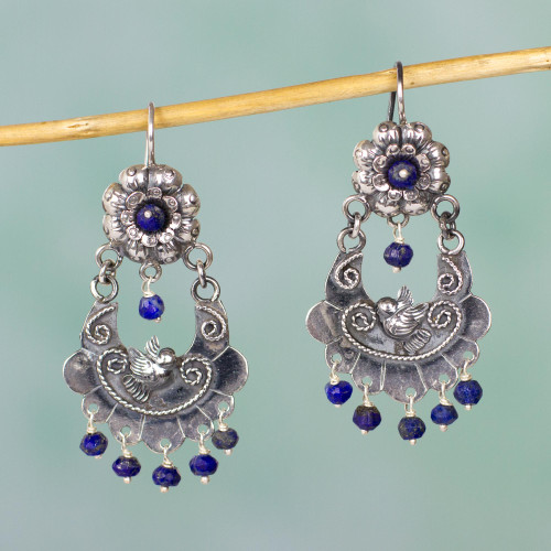 Authentic Mazahua Sterling Silver Earrings with Lapis Lazuli 'Mazahua Doves'