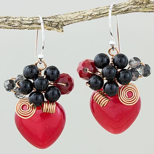 Heart Shaped Red Quartz Onyx and Glass Bead Dangle Earrings 'Love Garden in Red'