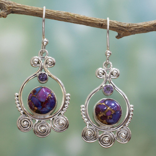 Purple Amethyst Sterling Silver Earrings Handcrafted India 'Exotic Swirls'