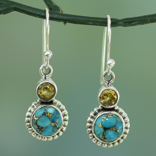 Citrine and Composite Turquoise Sterling Silver Earrings 'Earth and Sun'